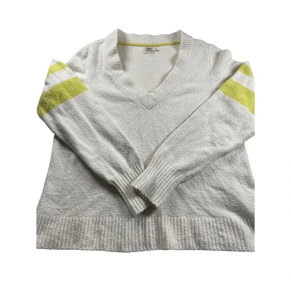 Faherty V Neck Fuzzy Knit Sweater White Neon Green Stripe Accent Size L - Picture 1 of 7